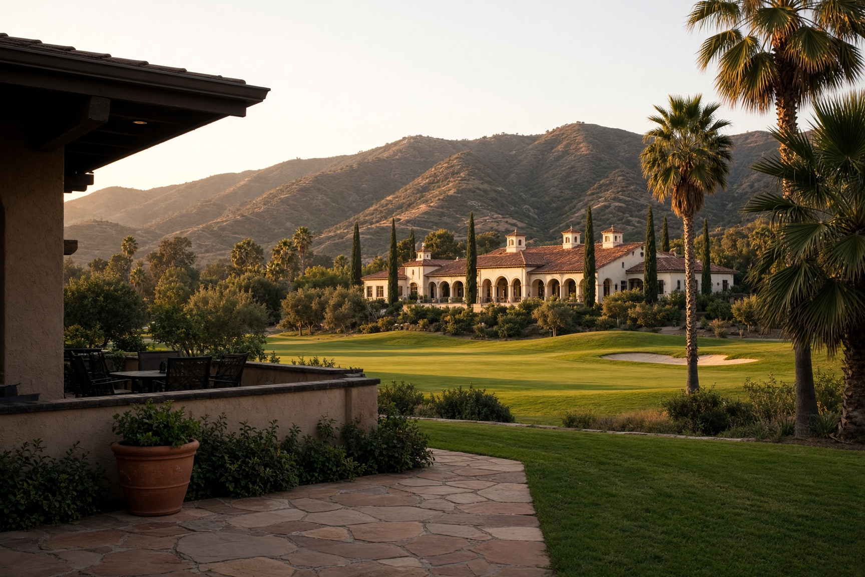 Looking from a neighboring yard across the fairway toward the clubhouse